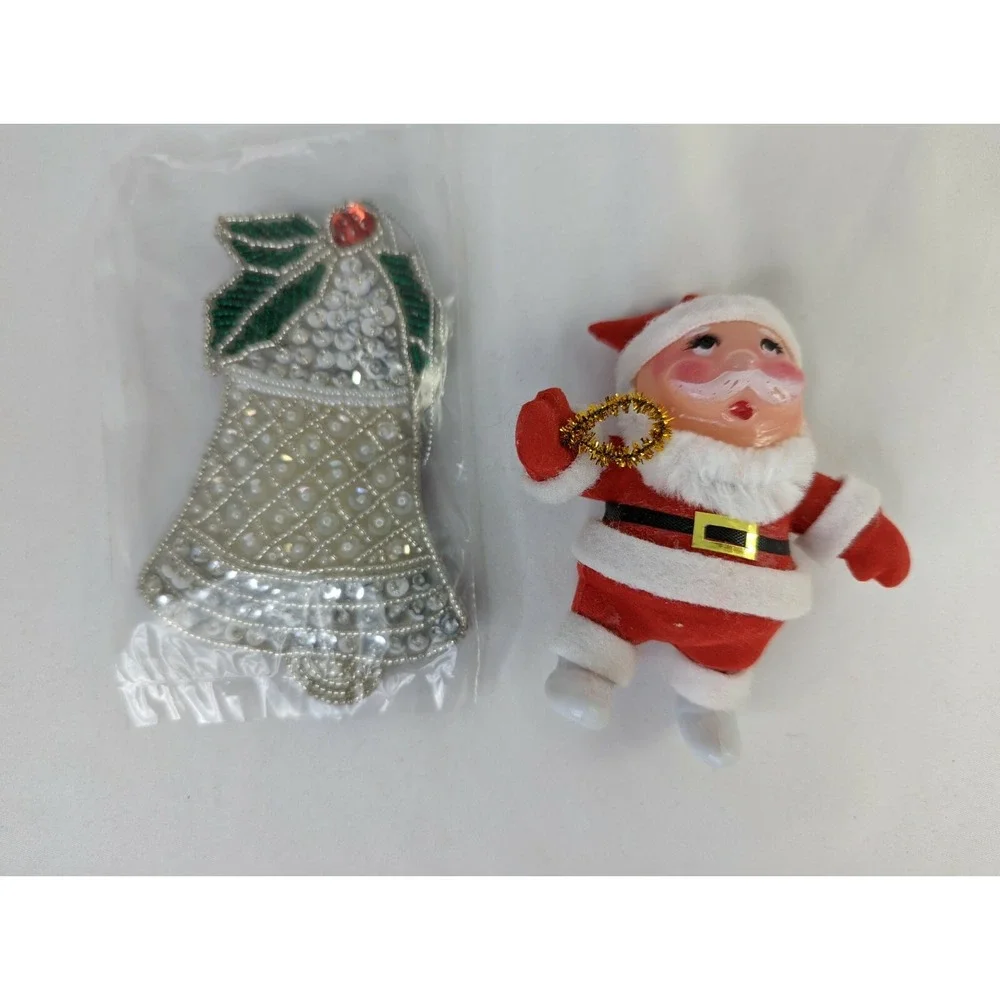 Vintage Christmas Ornaments Flocked Santa Claus Beaded Bell‎